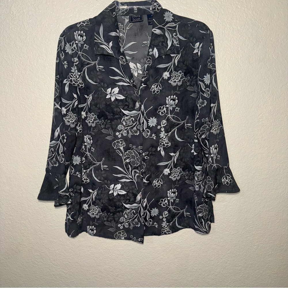 Laura Scott Womens Floral Blouse Size 14 Black Sheer Button Front Long Sleeve